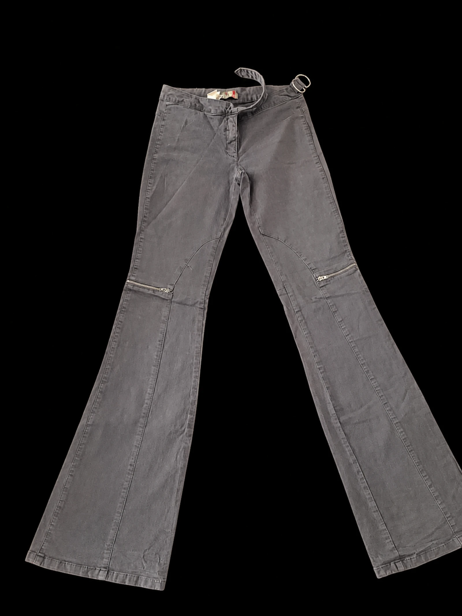 Y2K Grey Low Rise Flared Pants with Zip Knee Detail & Side Buckle. Size 36.
